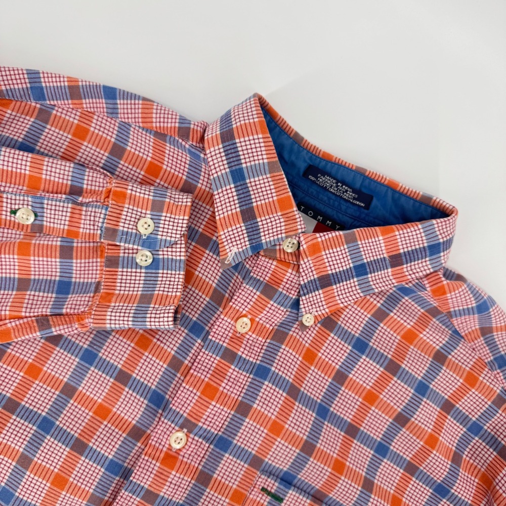 Tommy Hilfiger Men's Plaid Button Down Shirt Crest Logo Red Blue Orange‎ Size L